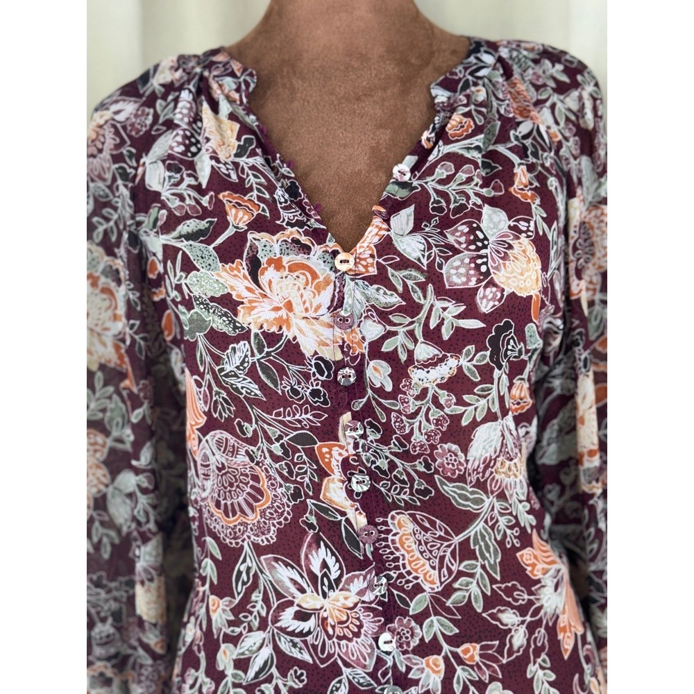 BB Dakota by Steve Madden Sheer Floral Blouse Women XS Maroon Brown Boho EUC Top